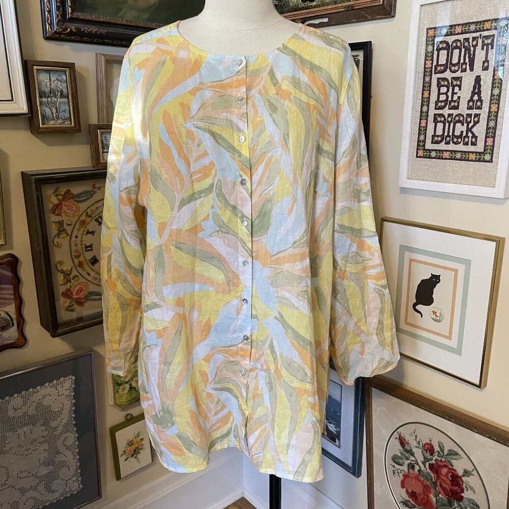 Rachel Zoe Orange Blue 100% Linen Button-Down Blouse With Leaf Print Size 2X